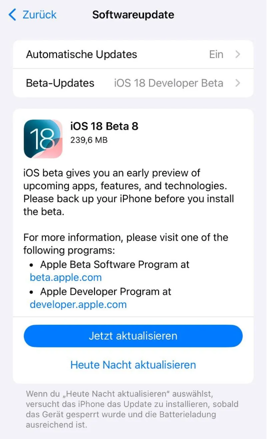 柘城苹果手机维修分享苹果 iOS / iPadOS 18 开发者预览版 Beta 8 发布 